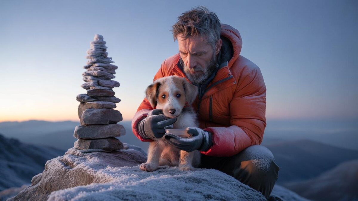 Man climbs a mountain and discovers a puppy at the summit