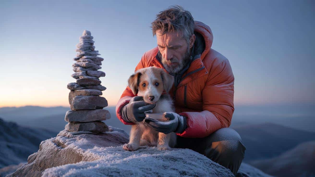 Man climbs a mountain and discovers a puppy at the summit
